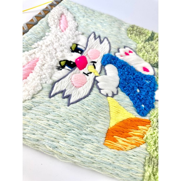 Stitched Yarn String Bunny Tapestry Wall Hanging Easter Girl Anthropomorphic - Picture 2 of 5